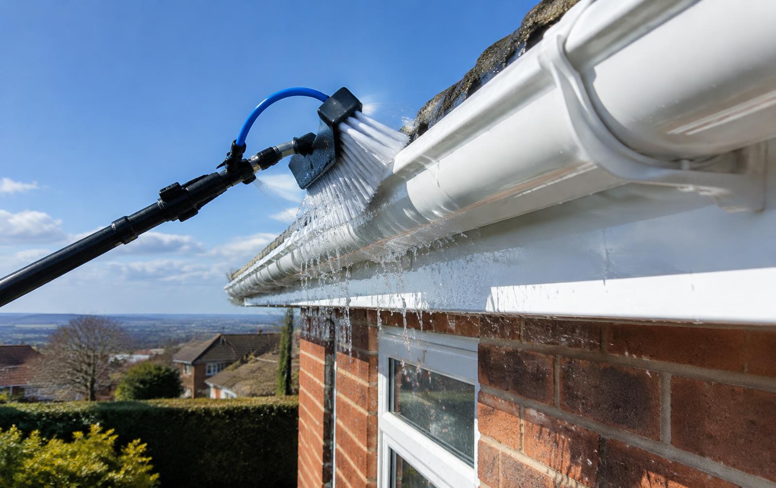 Soft brush on a pole washing the outside of a white uPVC gutter